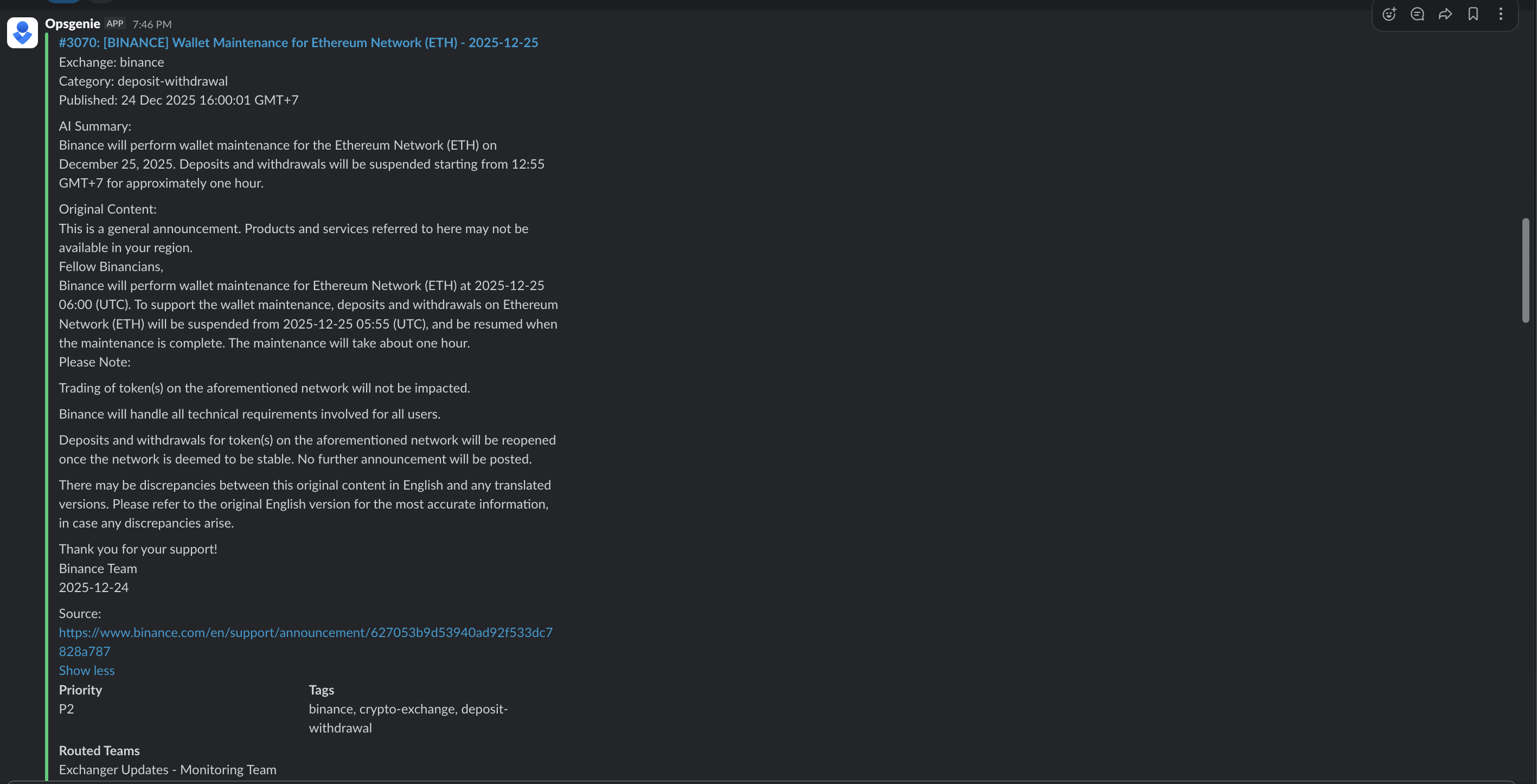 Exchange Alerts Slack